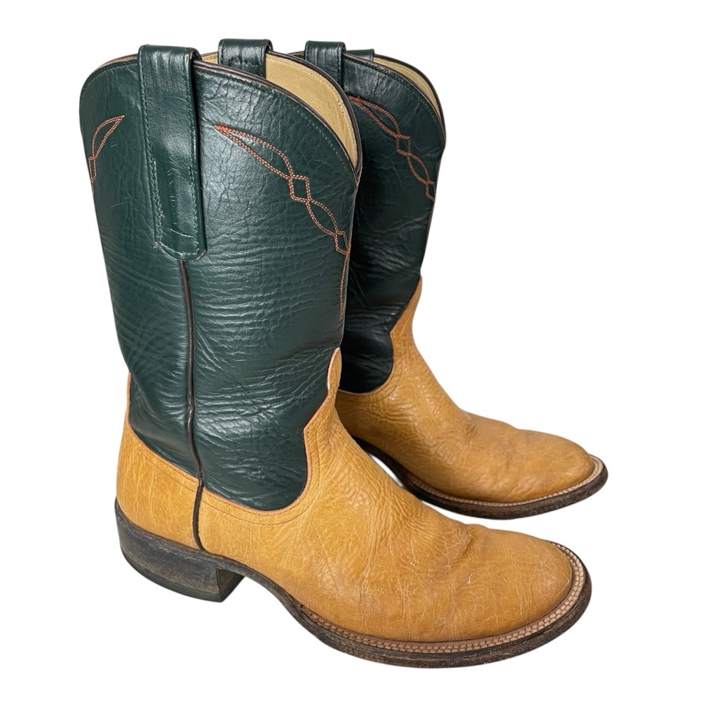 Size 5 - Vintage Anderson Bean Handmade Leather Green Tan Cowboy Boots